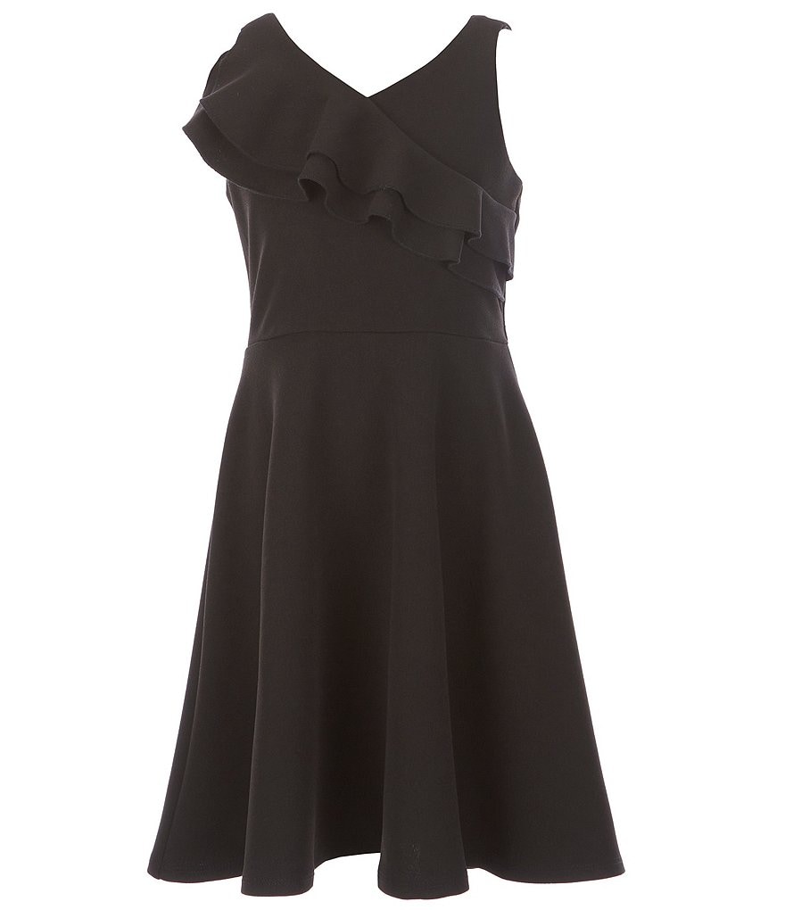 Honey and Rosie Big Girls 7-16 Sleeveless Ruffled Neck Scuba Skater Dress