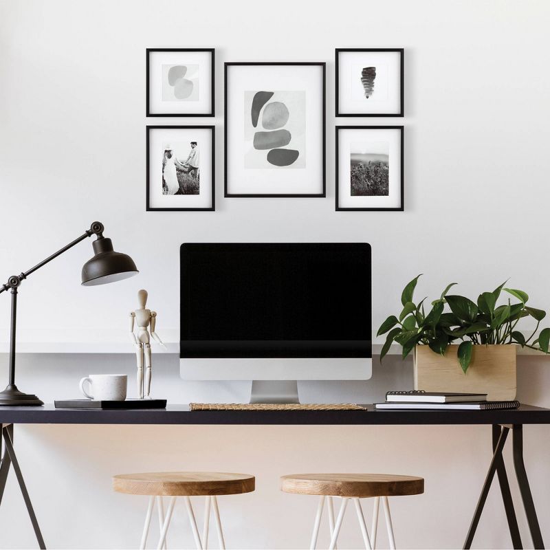 5pc Gallery Wall Frame Set with Decorative Art Prints and Hanging Template Black - Gallery Solutions