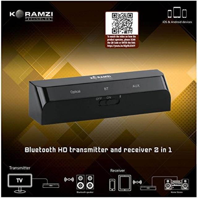 Bluetooth HD Transmitter and Receiver 2 in 1 , Sound Enhancements with APTX Low Latency (Black)KORAMZI BTR26