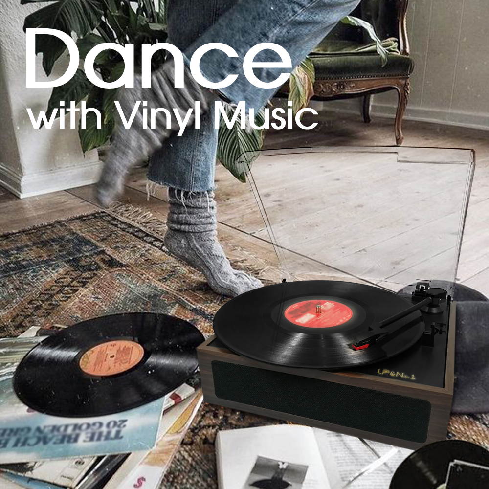 LP&No.1 Vintage Vinyl Record Player with Stereo Speakers,3 Speed Turntable, Light Brown