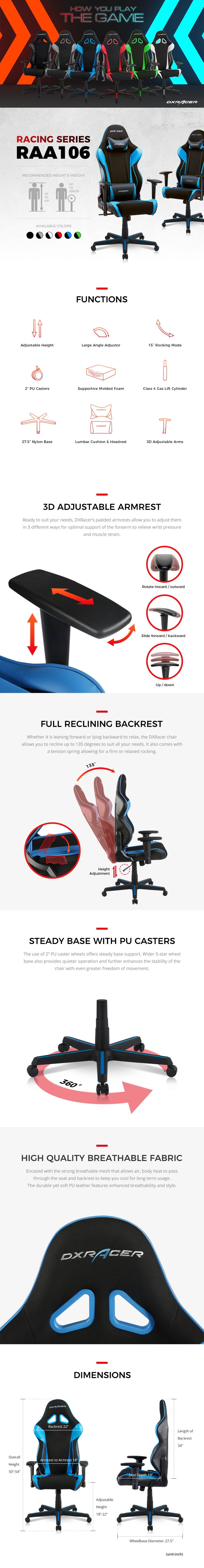 DXRacer Ergonomically Designed Racing Series RAA106 Black and Blue Strong Mesh and PU Leather 135-degree Recline High-End Gaming Chair with Neck and Lumbar Support Pillow