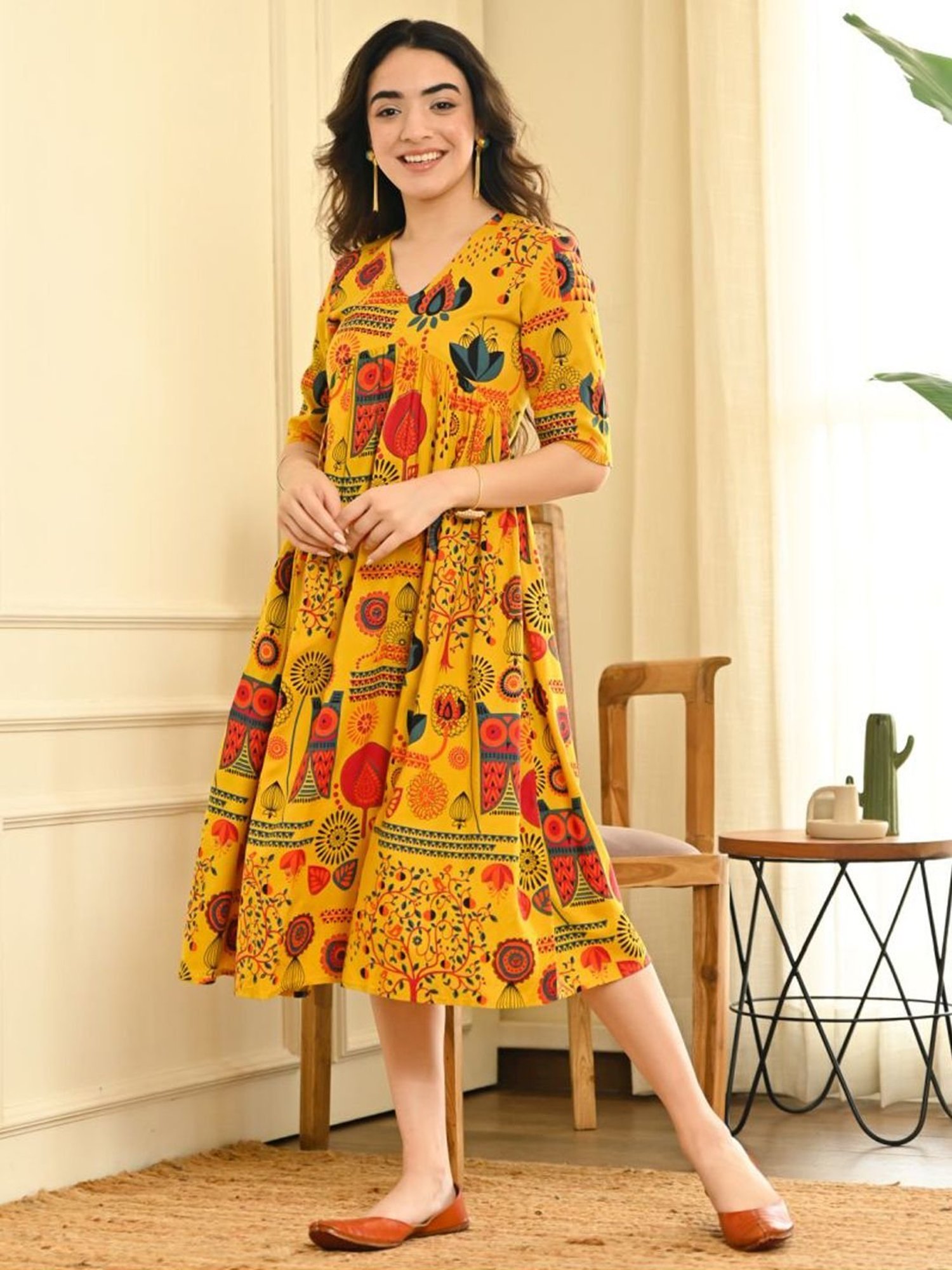 Rustorange Yellow Printed A-Line Dress