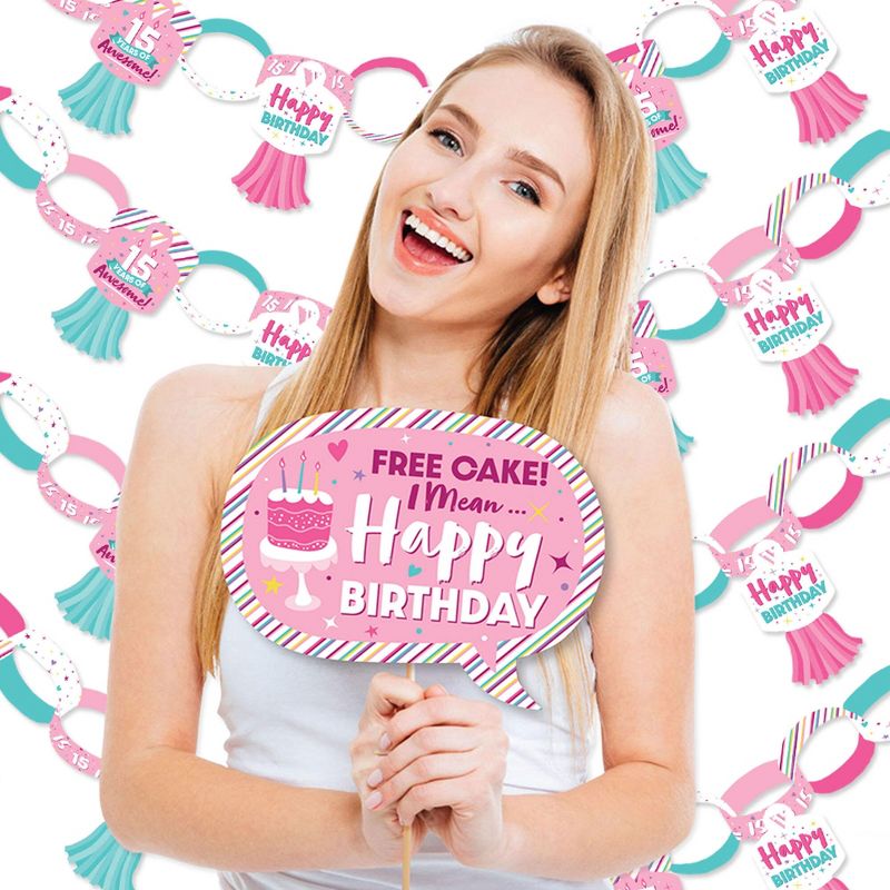 Big Dot of Happiness Girl 15th Birthday - Banner and Photo Booth Decorations - Teen Birthday Party Supplies Kit - Doterrific Bundle