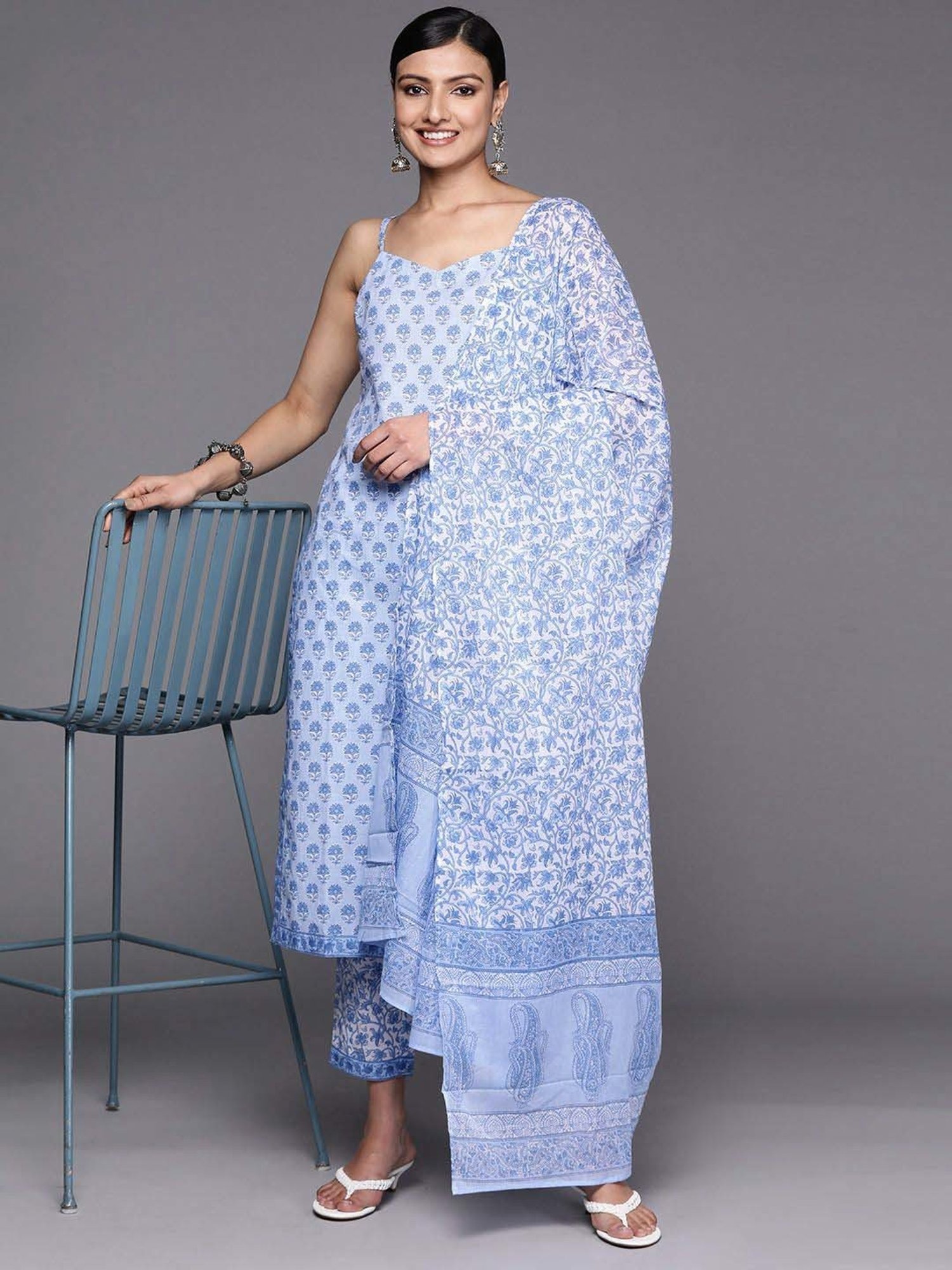 Libas Blue Cotton Printed Kurta Pant Set With Dupatta