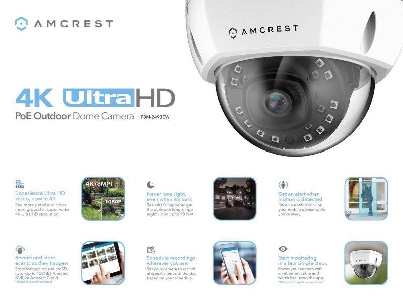 Amcrest 8CH Plug & Play H.265 4K NVR 4K (8MP) 3840x2160 Security Camera System, (8) x 8-Megapixel 2.8mm Wide Angle Lens Weatherproof Metal Dome POE IP Cameras, 98ft Nightvision, (Black)