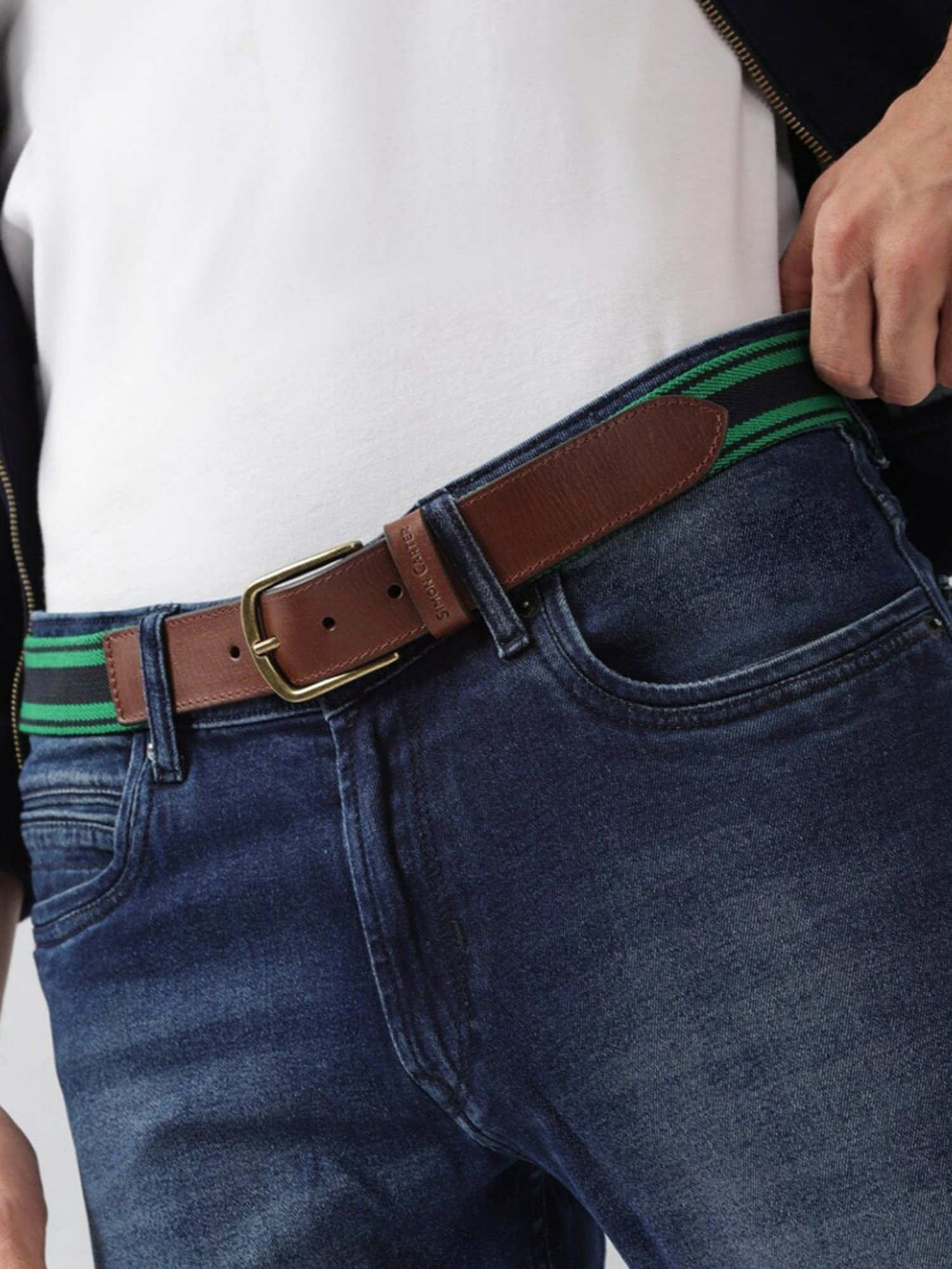 Simon Carter Green Leather Striped Casual Belt for Men