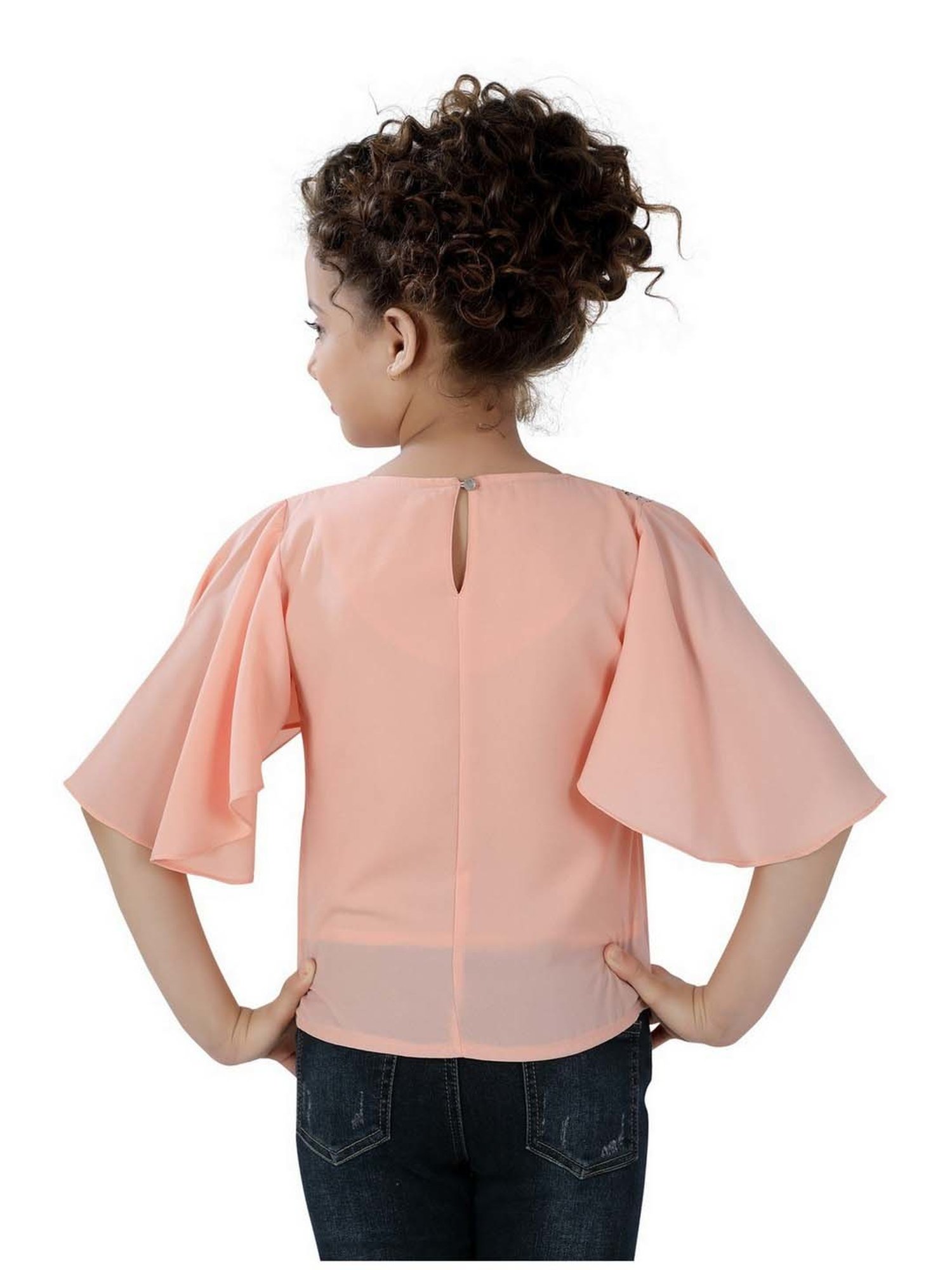 poplins Kids Peach Cotton Embellished Top