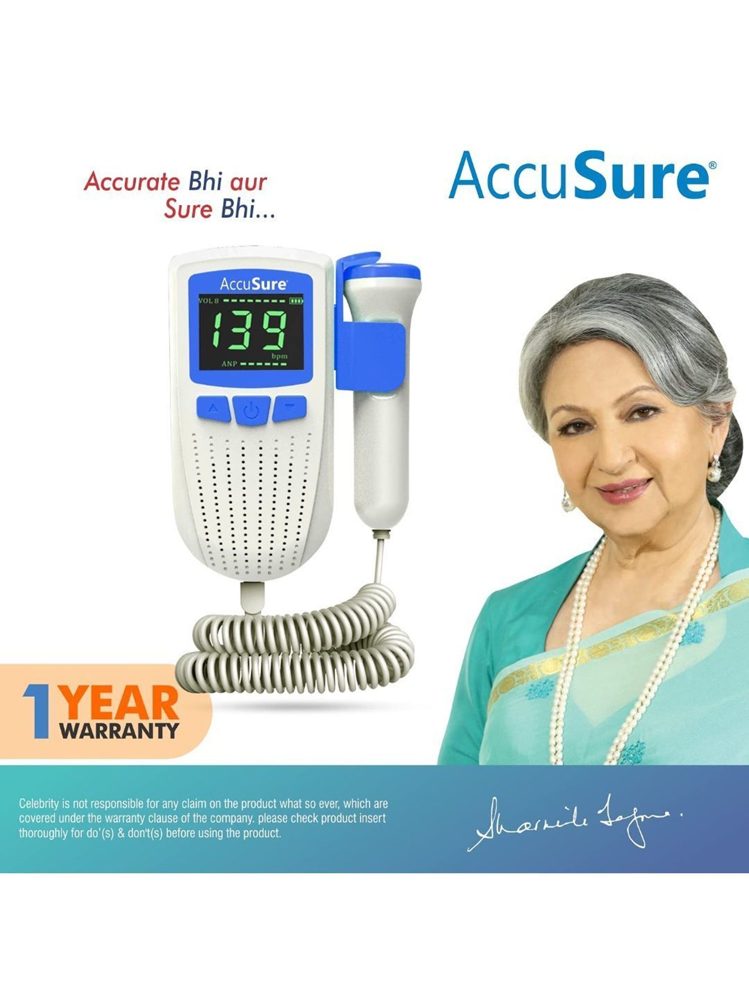 AccuSure Fetal Doppler for Doctors and Mothers with USB Charging (White)