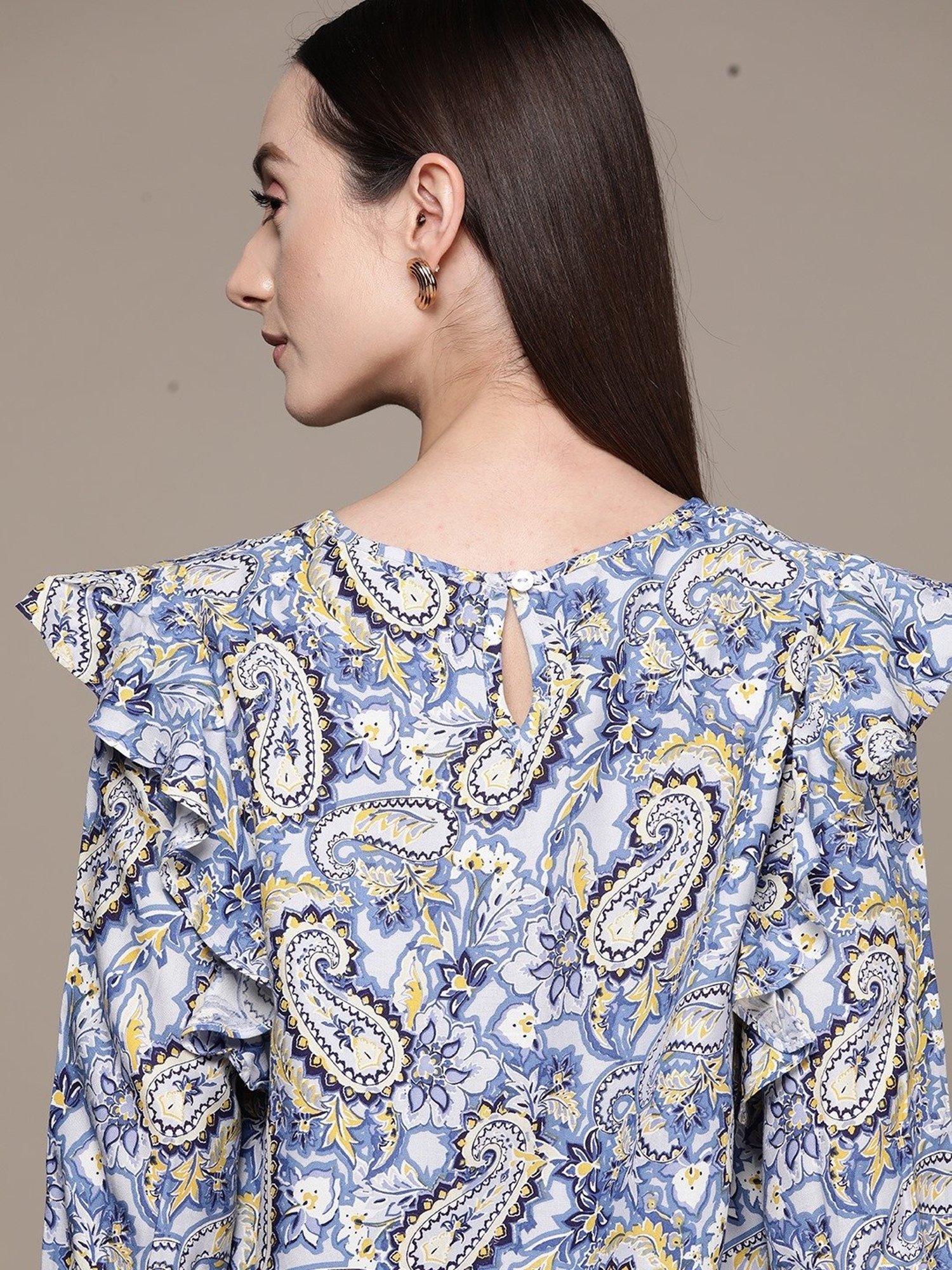 Label Ritu Kumar Navy Blue Rayon Paisley Top