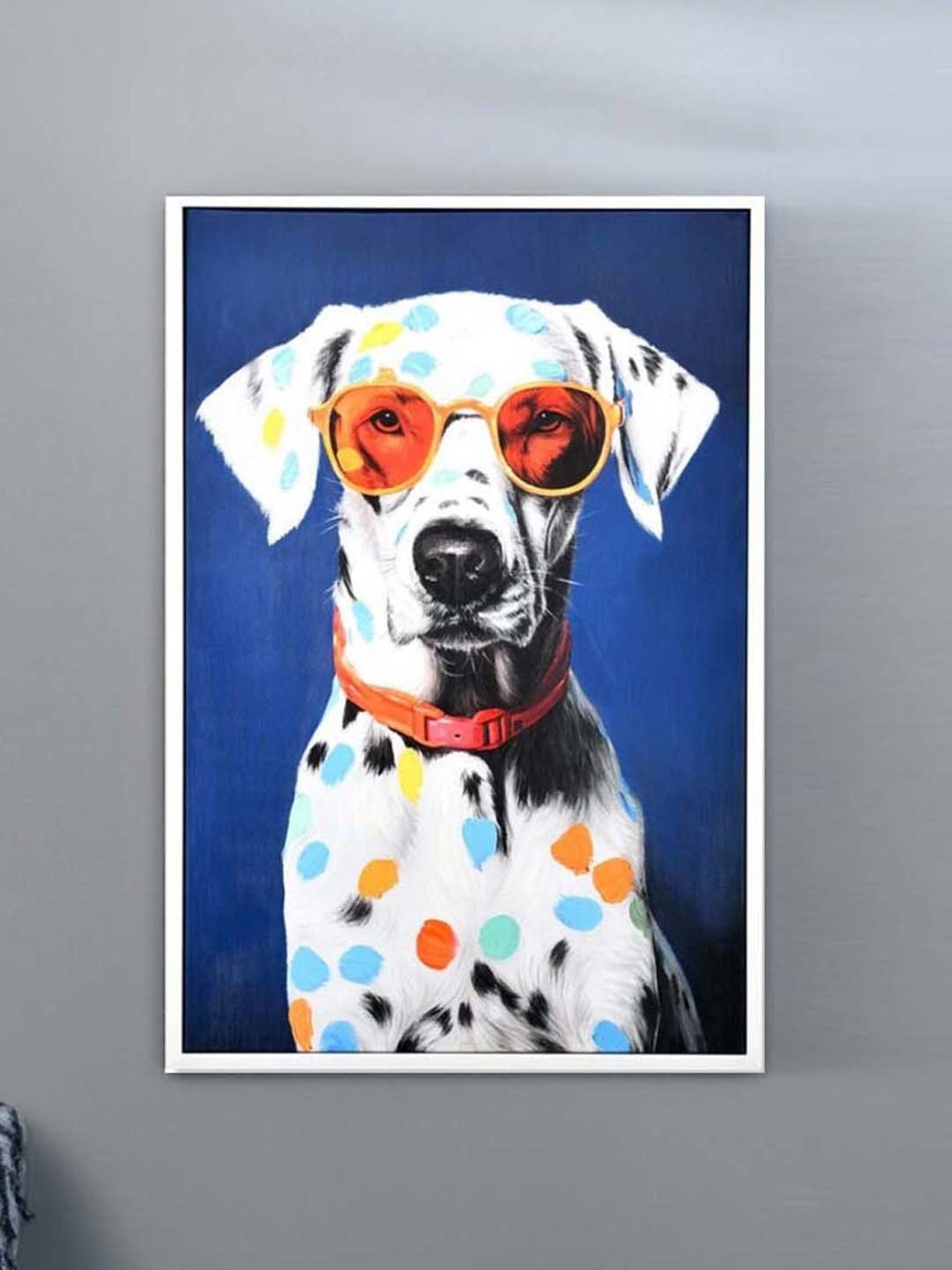 @home Blue Canvas Dog With Glasses Wall Painting