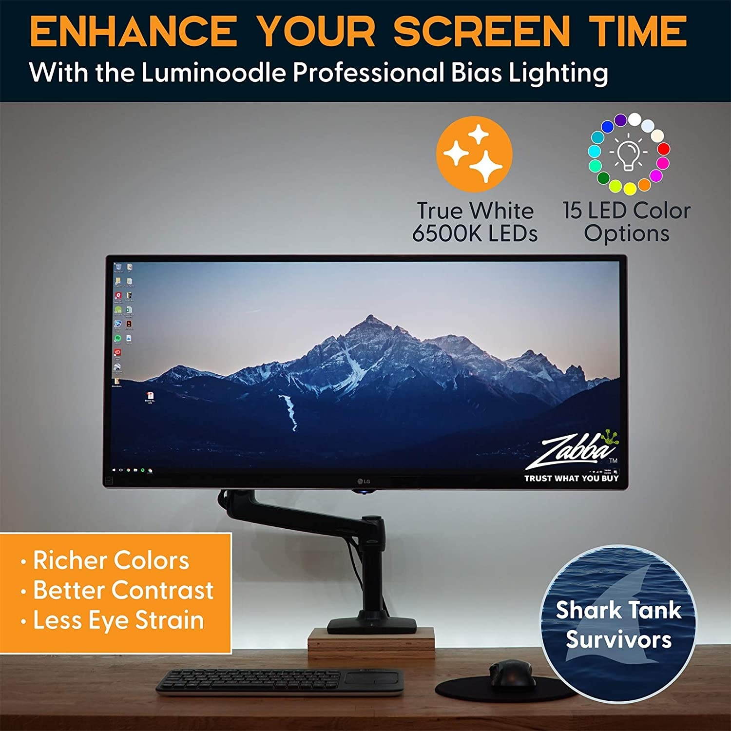 Luminoodle Professional Bias Lighting for HDTV | 15 Colors + 6500K True White LED TV Backlight Adhesive RGB+W Strip Lights with Wireless Remote Dimmer - Pro - X-Large (41-59 TV)