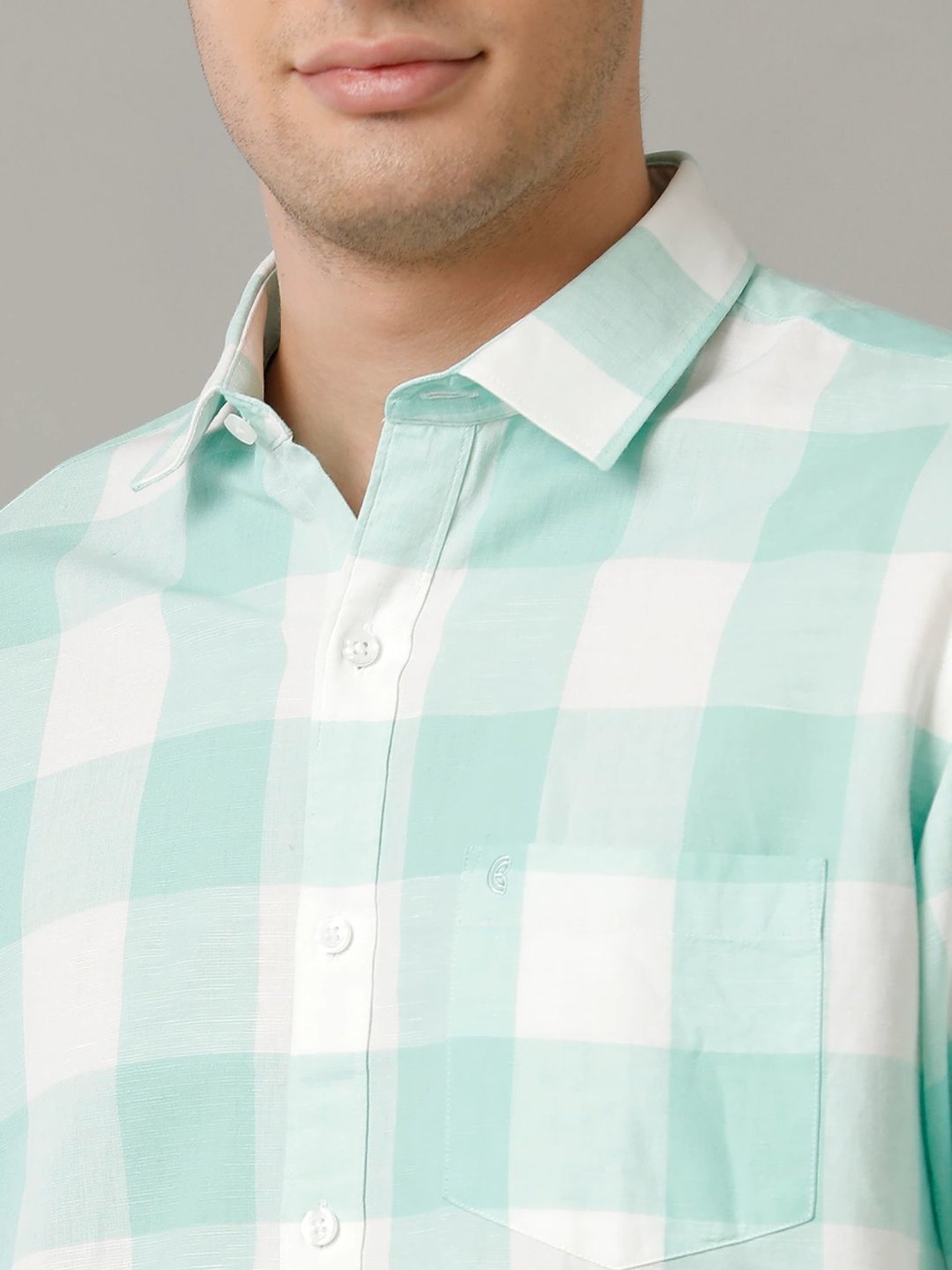 Cavallo By Linen Club Green Linen Contemporary Fit Checks Shirt