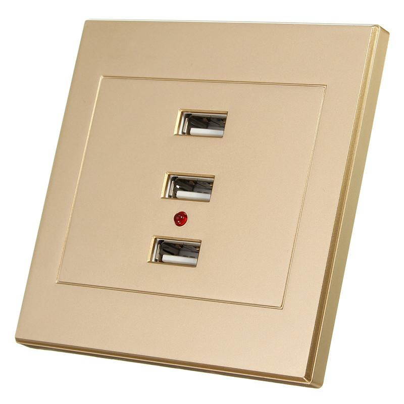 Special 3 Port USB Smart Power Charger Socket Gold Color Home Useful Alloy Shell Sockets 220V To 5V For Cell Phone PC