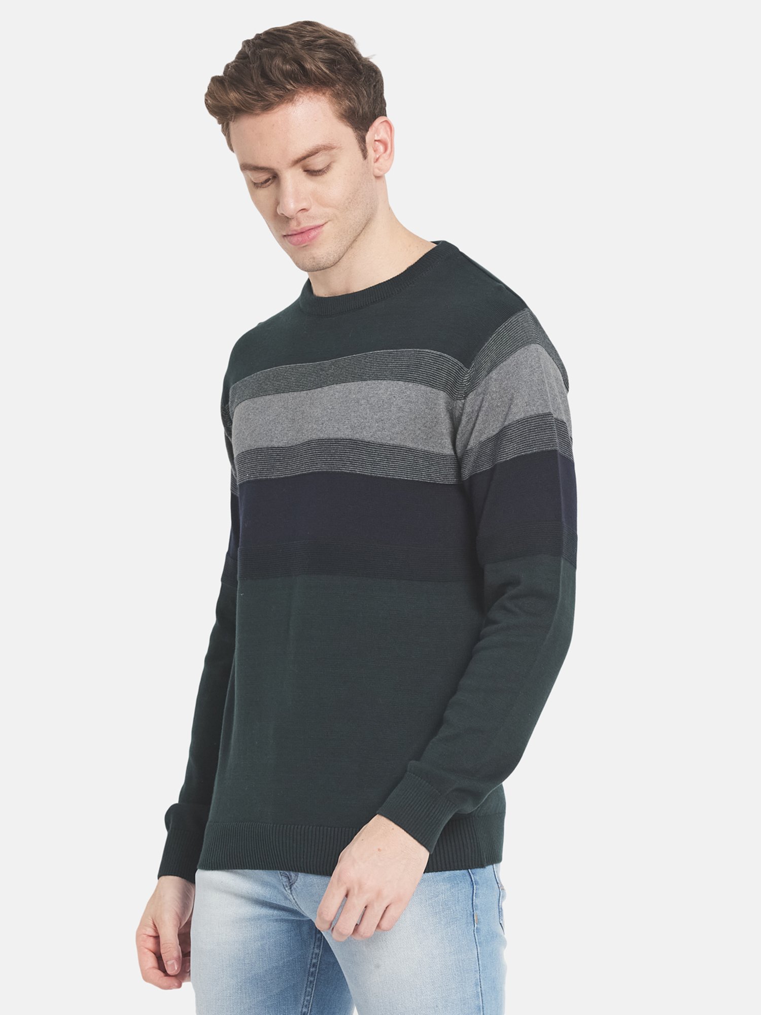 Mettle Green Cotton Regular Fit Striped Sweater