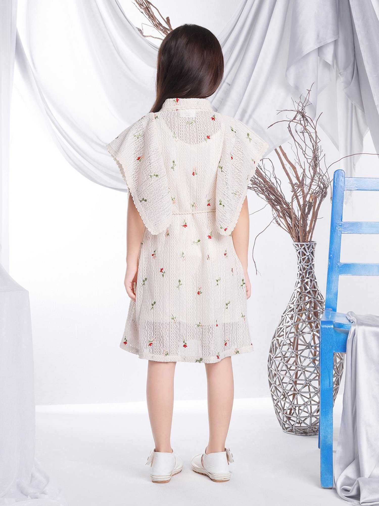 Peppermint Kids Beige Self Design Shirt Dress with Belt