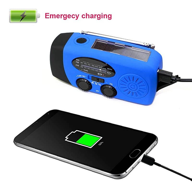 Upgrade  Emergency Solar Hand Crank Dynamo NOAA WB AMFM Radio Hurricane Camping Survive Kit with 3LED Flashlight 1000mAh Power Bank 088FS Blue