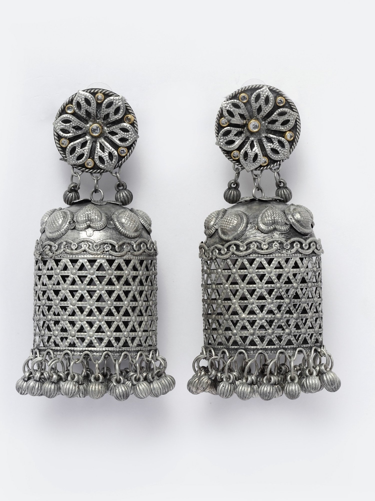 Moedbuille Crystal Studded Antique Tribal Design Oxidized Silver-Plated Handcrafted Jhumki Earrings