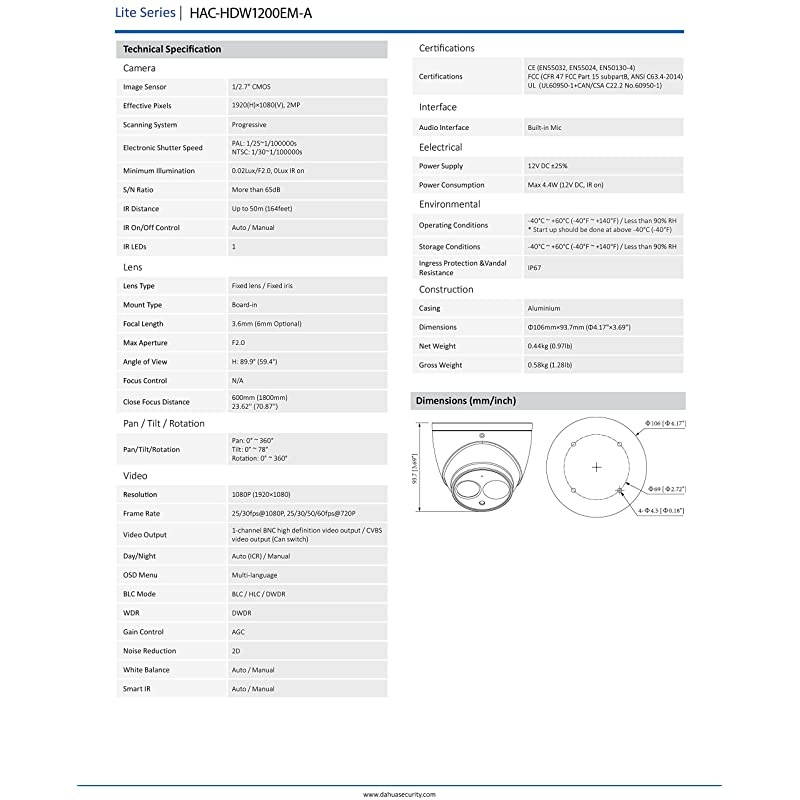 HACHDW1200EMA 2 Megapixel HDCVI Matrix IR Eyeball Dome Security Camera with Audio 36mm Lens 164FT Night Vision Outdoor IP66 4IN1 UTC Switchable AHD TVI CVI CVBS White 2MP