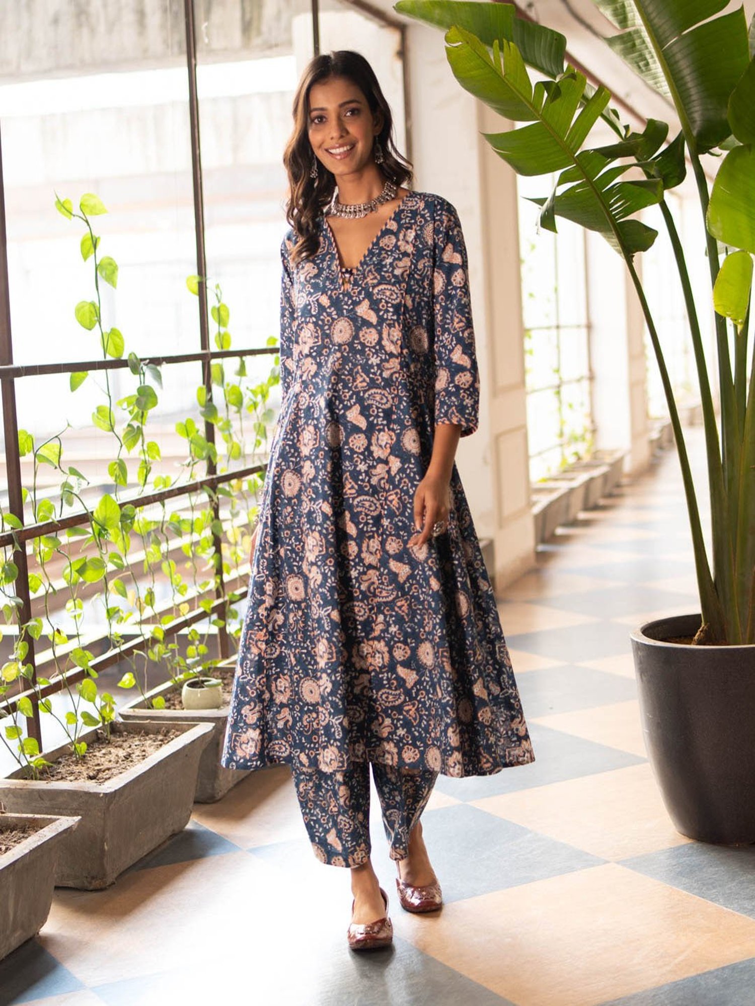 Akiso Blue Block Printed Anarkali Kurta With Hand Embroidery Details