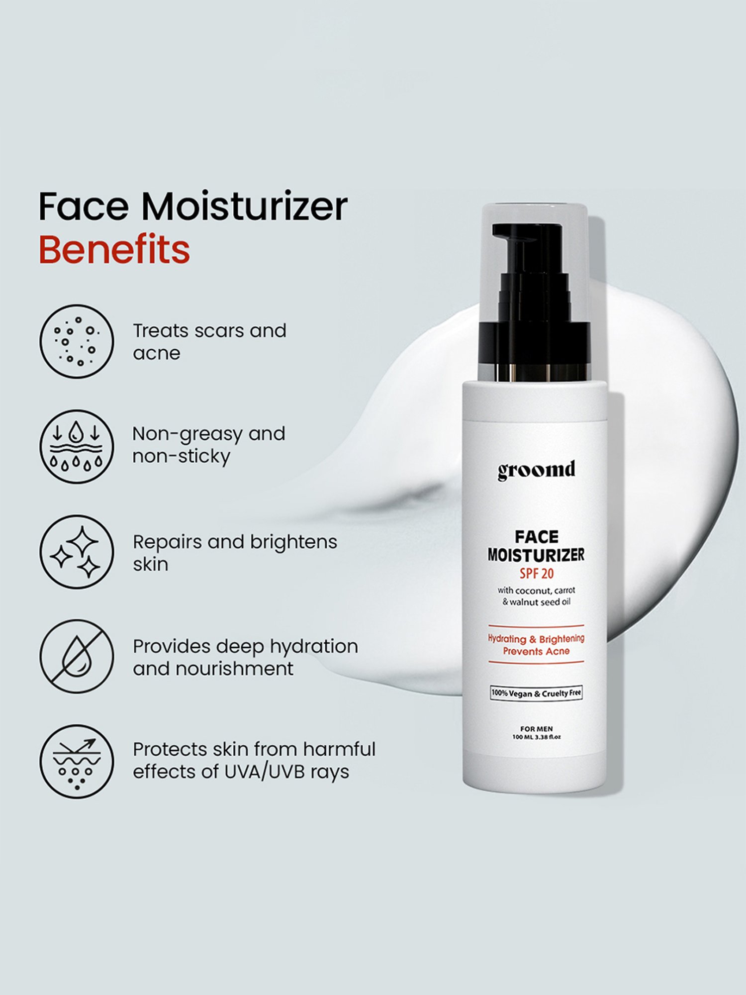 Groomd Face Moisturizer (SPF 20) with Coconut Oil, Carrot Oil & Walnut Seed Oil - Hydrating (100 ml)