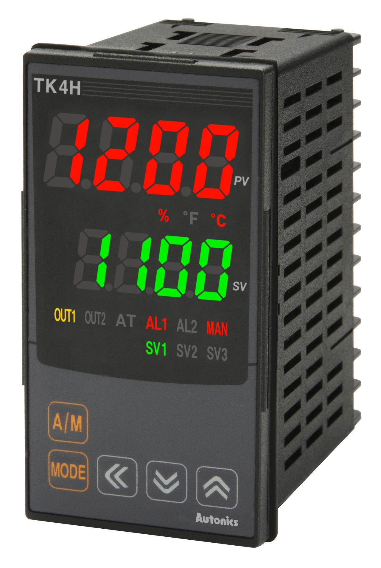 Autonics TK4H-14RC Temp Control, DIN W48XH96mm, 1 Alarm,Relay Contact Output1, Current or SSR Drive Output2, 100-240VAC..