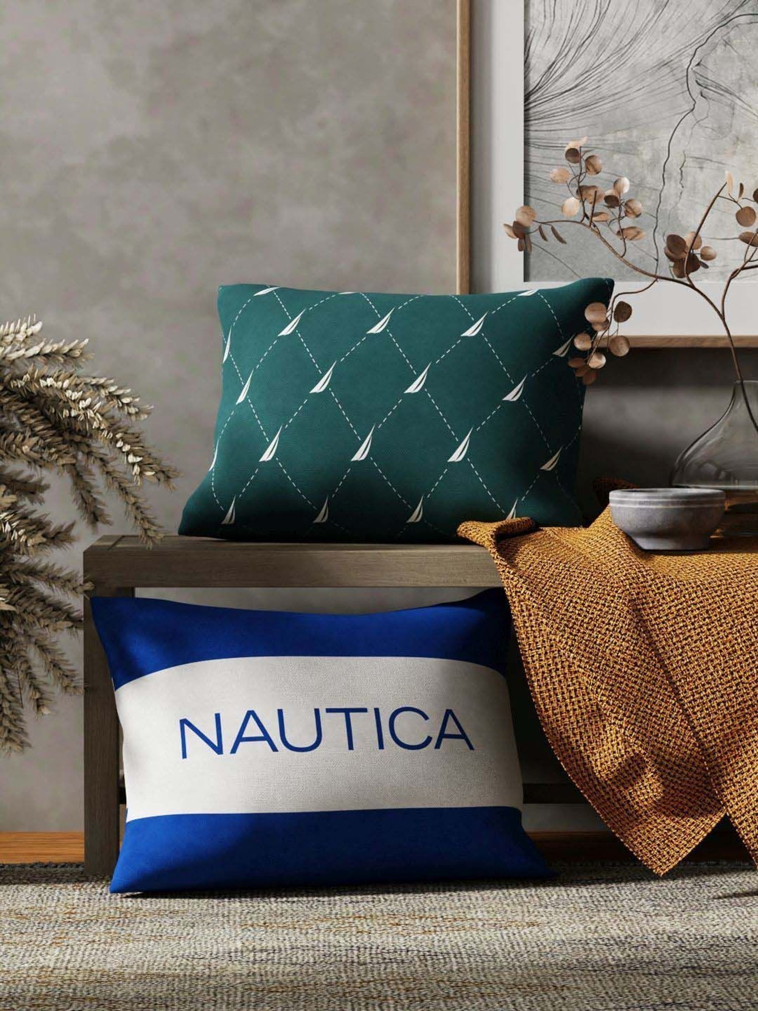 Nautica Logo Stripe Forest Green & Blue Microfibre 300 GSM Premium Cushion Covers - Set of 2