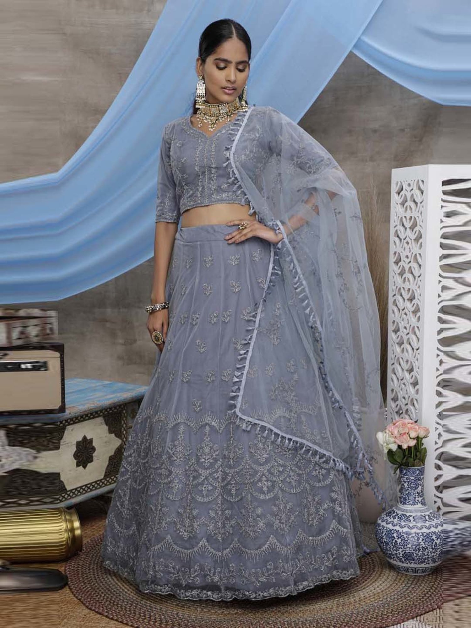 SHUBHKALA Bluish Grey Embroidered Lehenga Choli Set With Dupatta