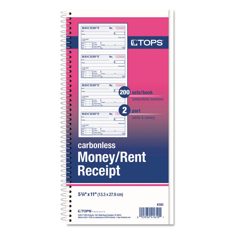 TOPS Money/Rent Receipt Spiral Book 2-3/4 x 4 3/4 2-Part Carbonless 200 Sets/Book 4161