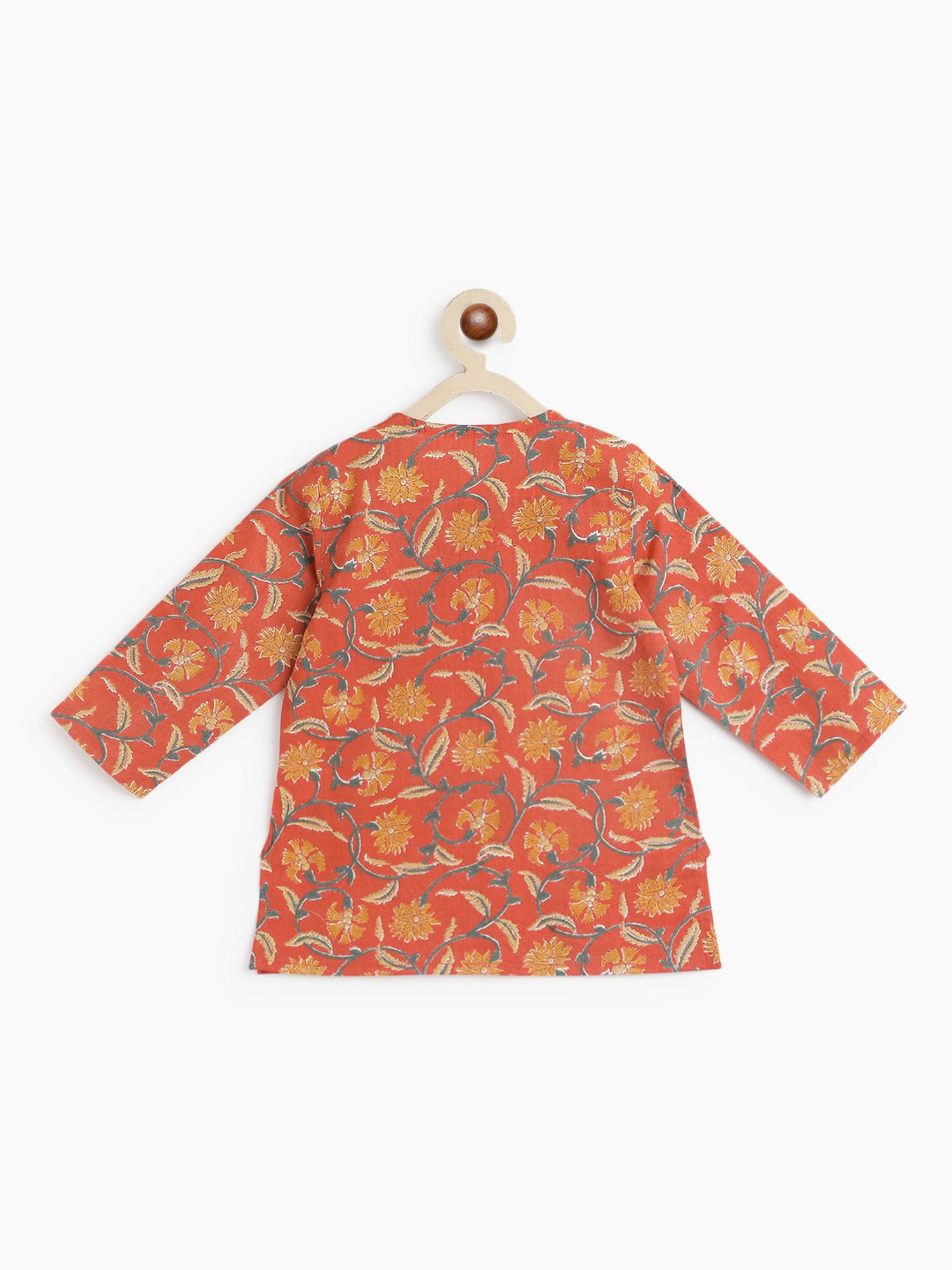 Campana Kids Orange & Mustard Floral Print Full Sleeves Kurta with Dhoti