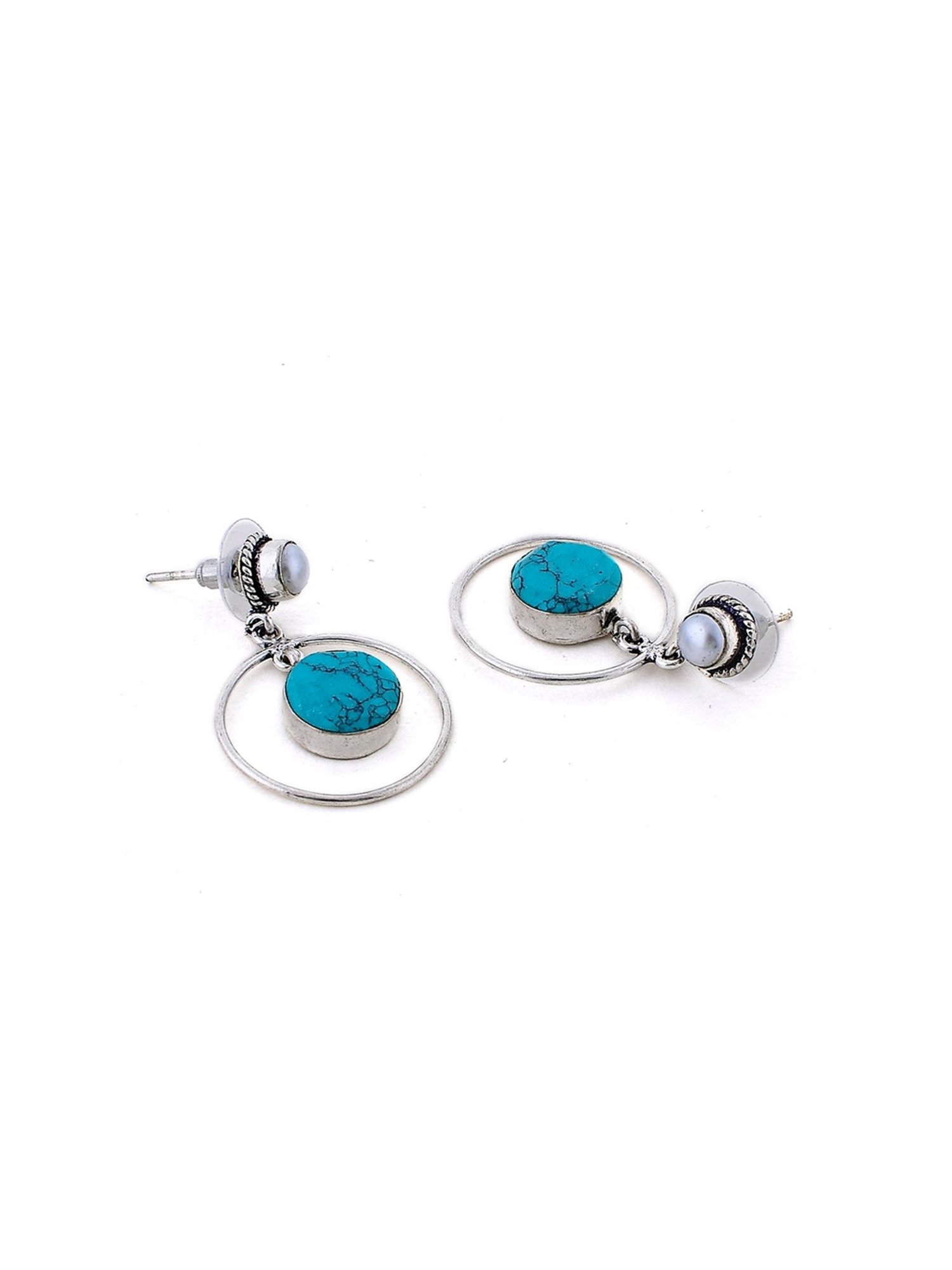Imli Street Turquoise-White Silver Tone Stone-Studded Handcrafted Drop Earrings