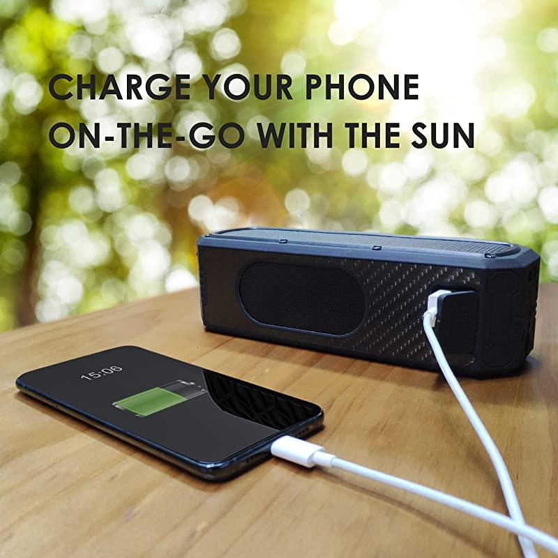 Solar Speaker - Solar Powered Portable Bluetooth Speaker with Carbon Fiber Exterior, 60 hrs Music Playtime, Phone/Tablet Charging Capability, Water Resistant Splash Proof by  Shop (Black)