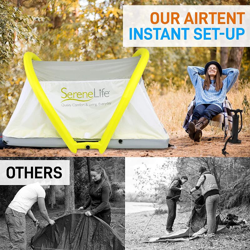 SereneLife SLTENTAIR 2 in 1 Portable Camping Outdoor Indoor Weather Resistant Blow Up Inflatable Airbed Tent Kit with Hand Pump and Carry Bag, Gray
