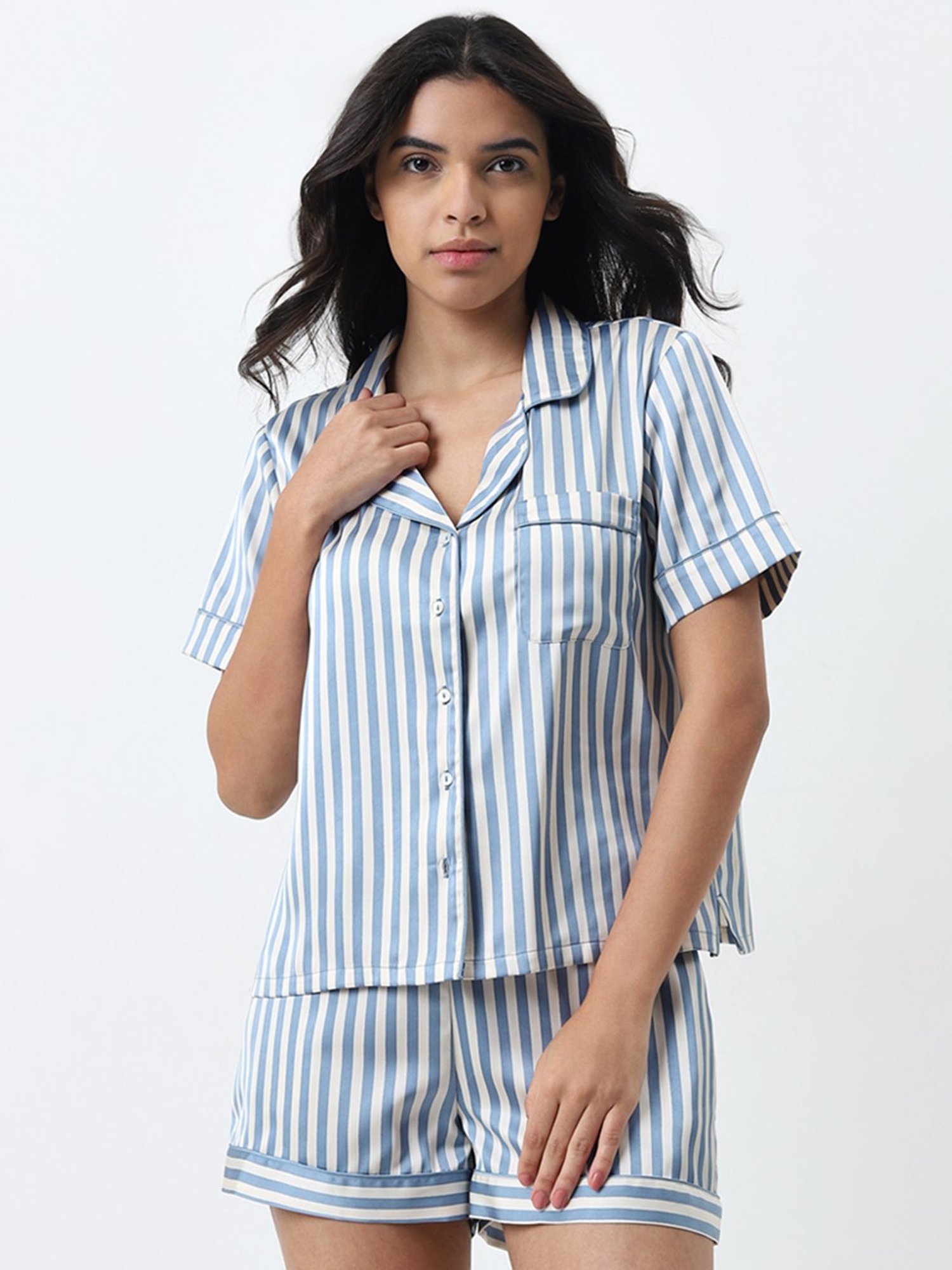 Wunderlove by Westside Blue Striped Shirt with High-Rise Shorts Set