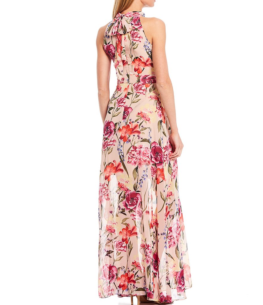 Eliza J Halter Floral Print Chiffon Sleeveless Maxi Dress