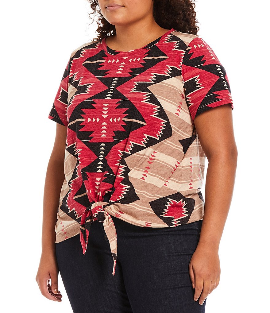 Lauren Ralph Lauren Plus Size Southwestern Print Tie Waist Crew Neck Short Sleeve Jersey Tee