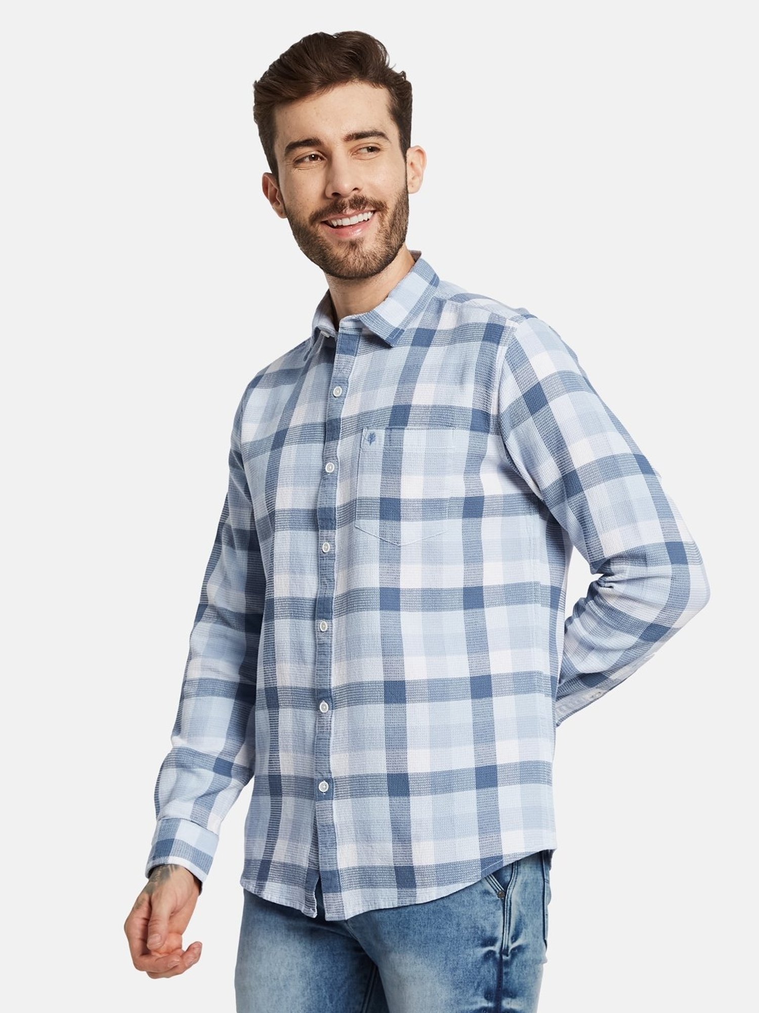 Mettle Blue Cotton Regular Fit Checks Shirt