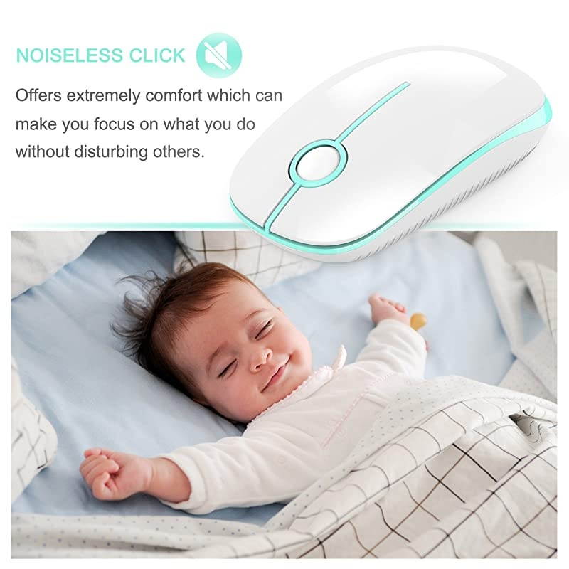 2.4G Slim Wireless Mouse with Nano Receiver, Less Noise, Portable Mobile Optical Mice for Notebook, PC, Laptop, Computer, MacBook MS001 (White and Green)