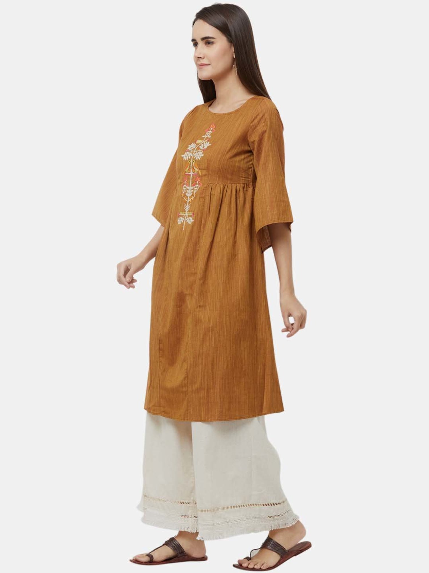 Fusion Beats Brown Cotton Embroidered A Line Kurti