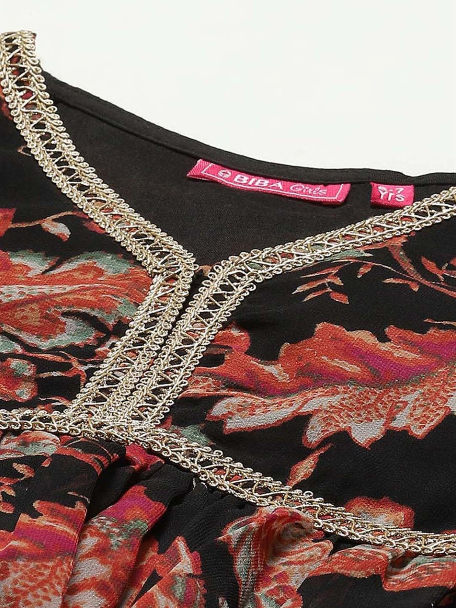 BIBA Girls Kids Black & Red Printed Kurta Set