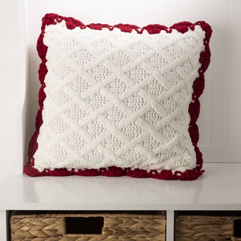 18" Knitted Polyester Pillow Cover with Red Trim & PomPom White - Glitzhome