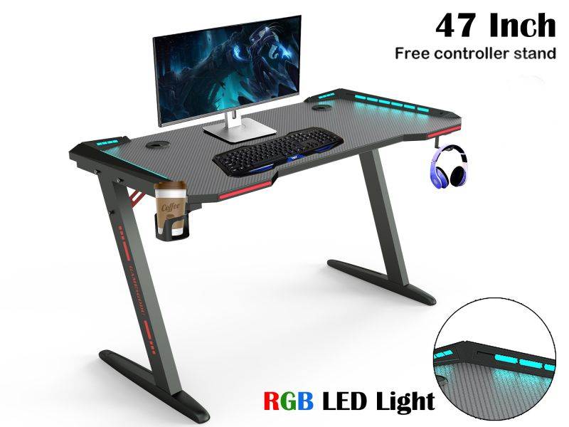 Gaming Desk 47'' Z Shaped Large PC Computer Gaming Desks Tables with RGB LED Lights Controller Stand for E-Sport Racing Gamer Pro Home Office Gift
