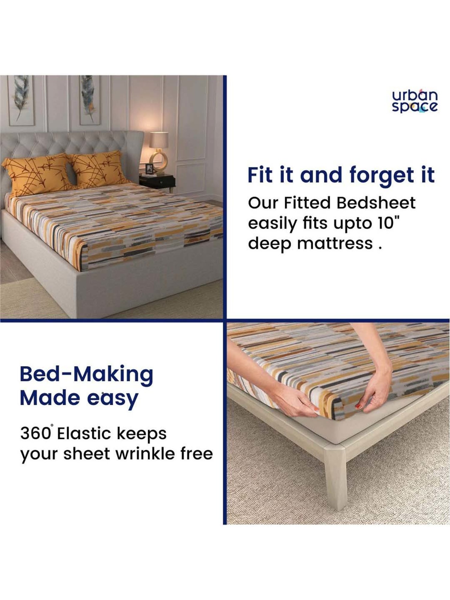 Urban Space Divine Mustard Cotton 144 TC King Fitted Bedsheet With Pillow Covers