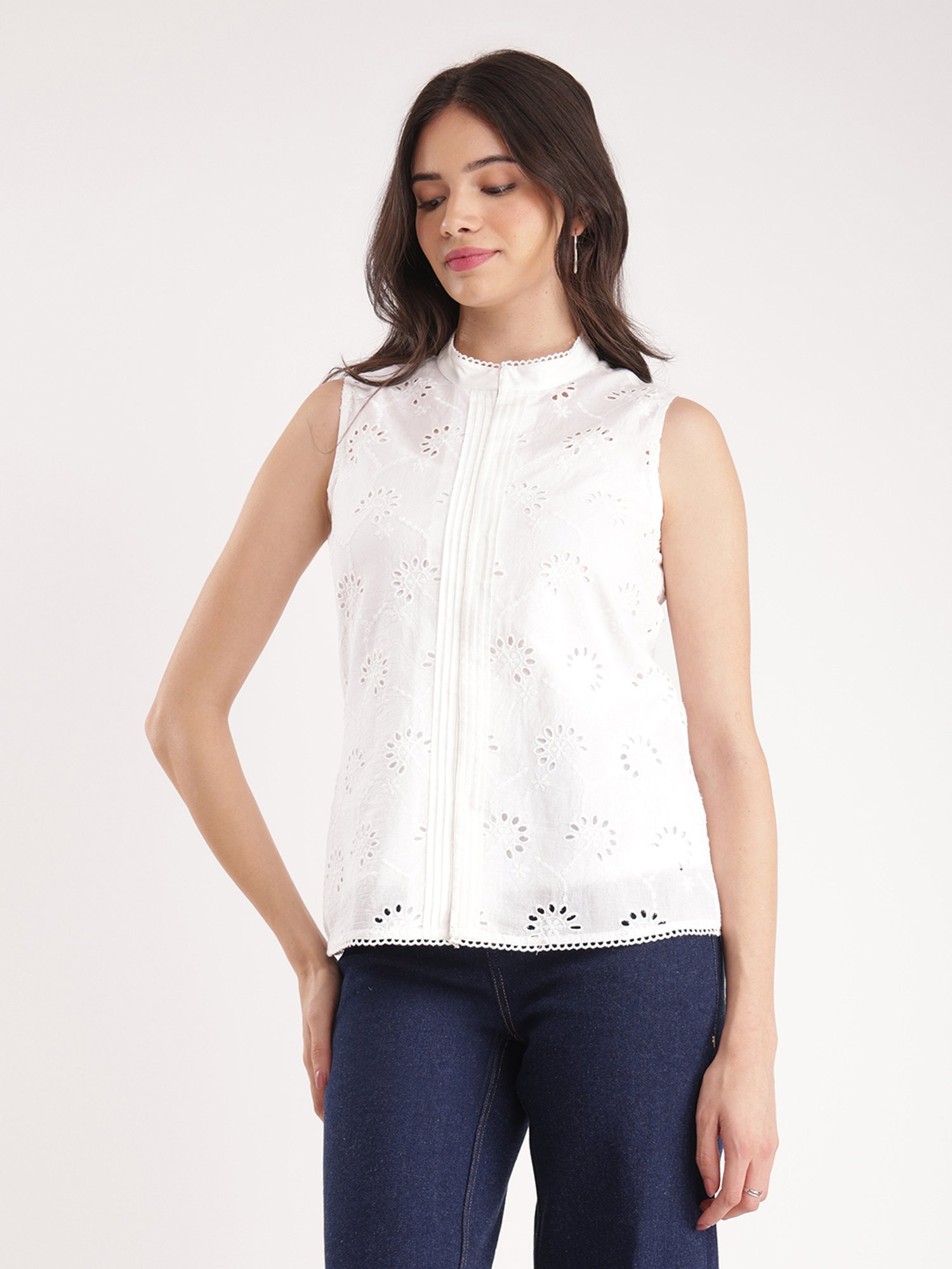 Fablestreet White Cotton Self Design Top