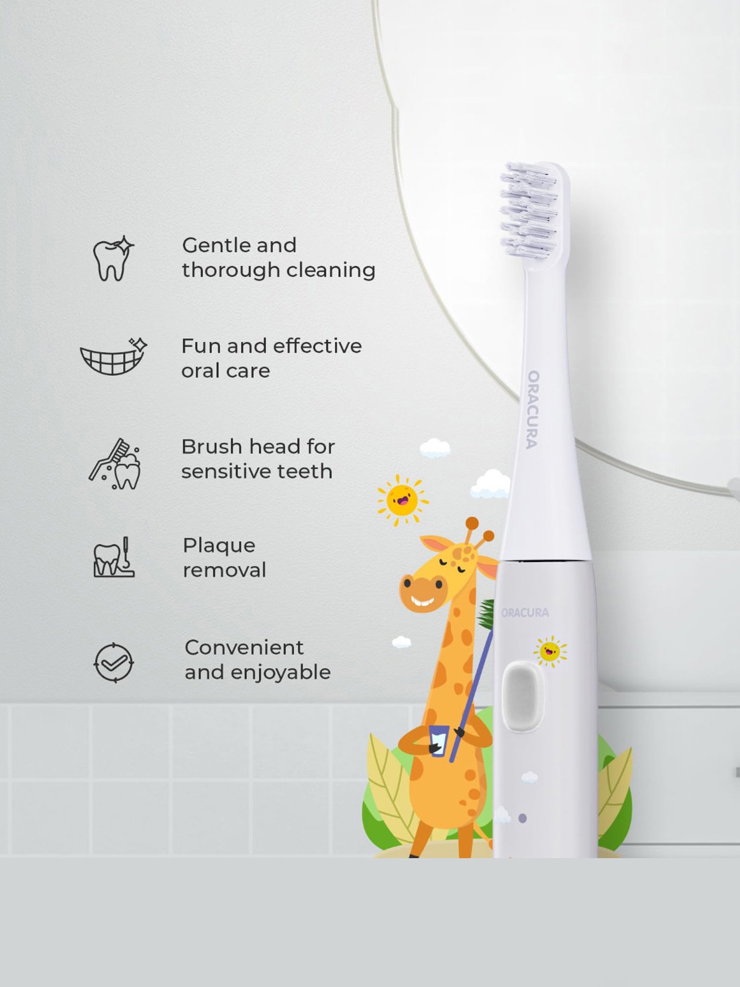 Oracura KSB200 Sonic Kids Rechargeable Electric Toothbrush (Grey)