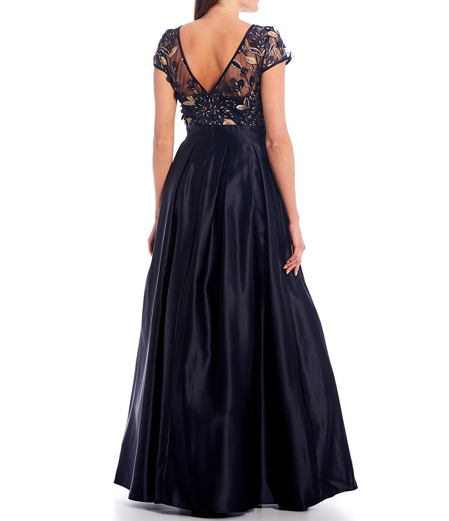 Xscape 3D Flower Bodice Illusion Mesh V-Back Satin Ball Gown