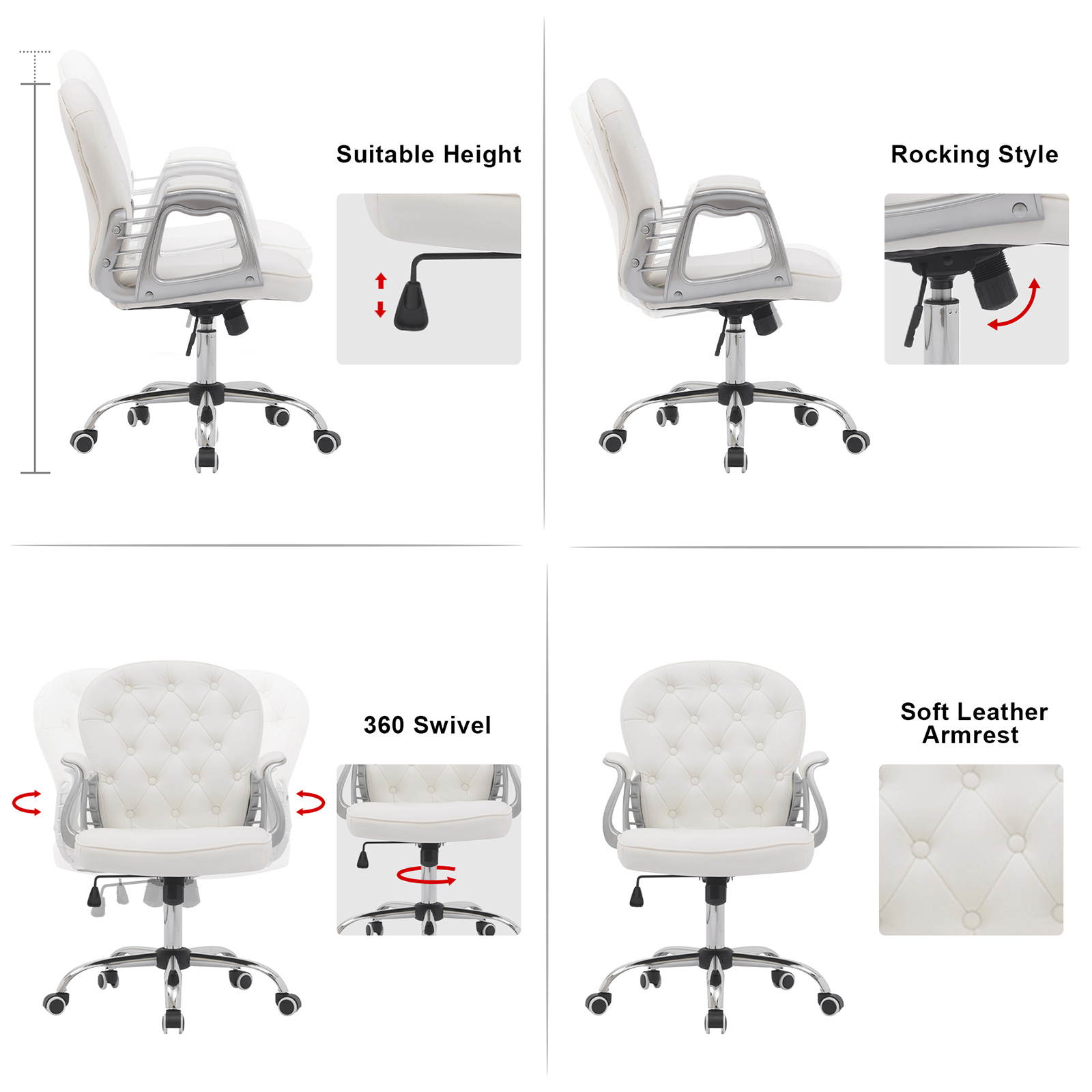 YOUTHUP Office Chair Computer High Back Adjustable Ergonomic Desk Chair Executive PU Leather Swivel Task Chair with Armrests Lumbar Support,White