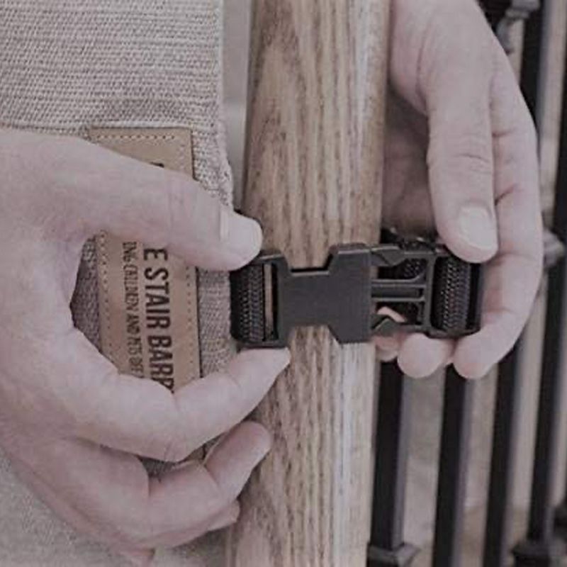 The Stair Barrier Wide Wall to Banister Retractable Fabric Baby and Pet Safety Gate for Staircases, 43 to 52 Inch, Farmhouse Black Lines