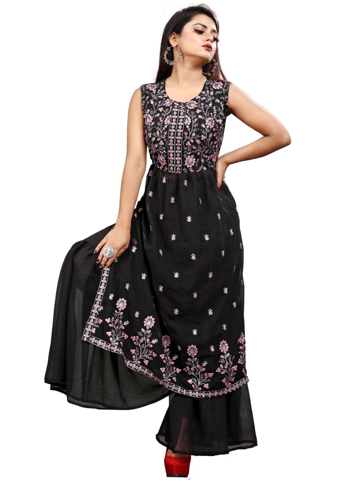 APNISHA Black Embroidered Kurta Sharara Set