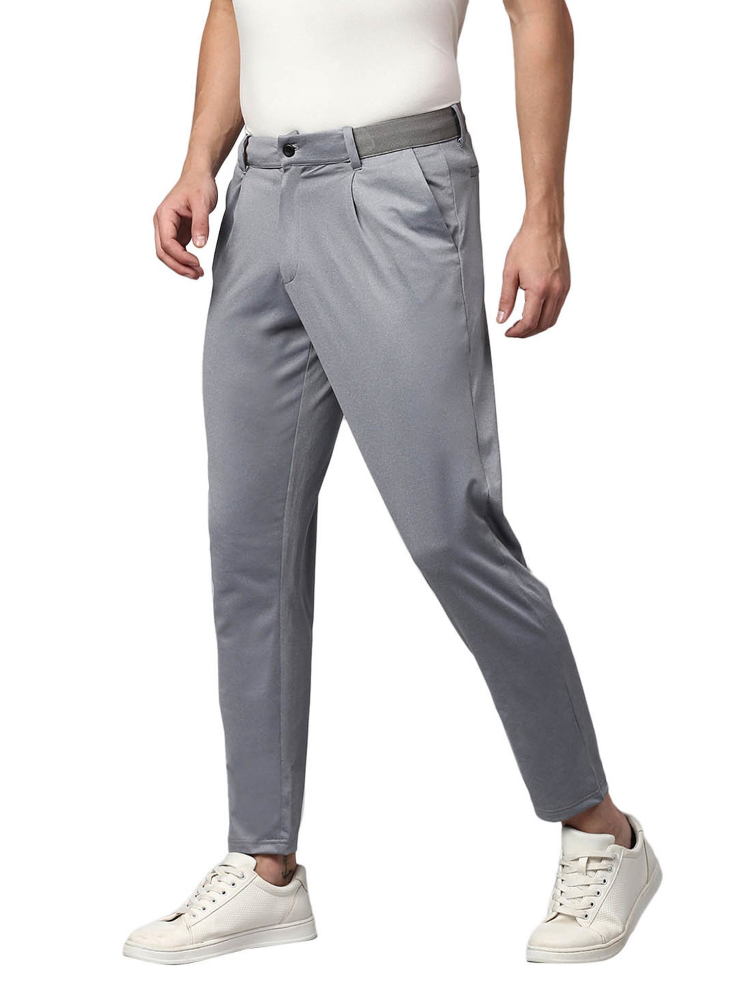 Slowave Grey Regular Fit Pleated Trousers