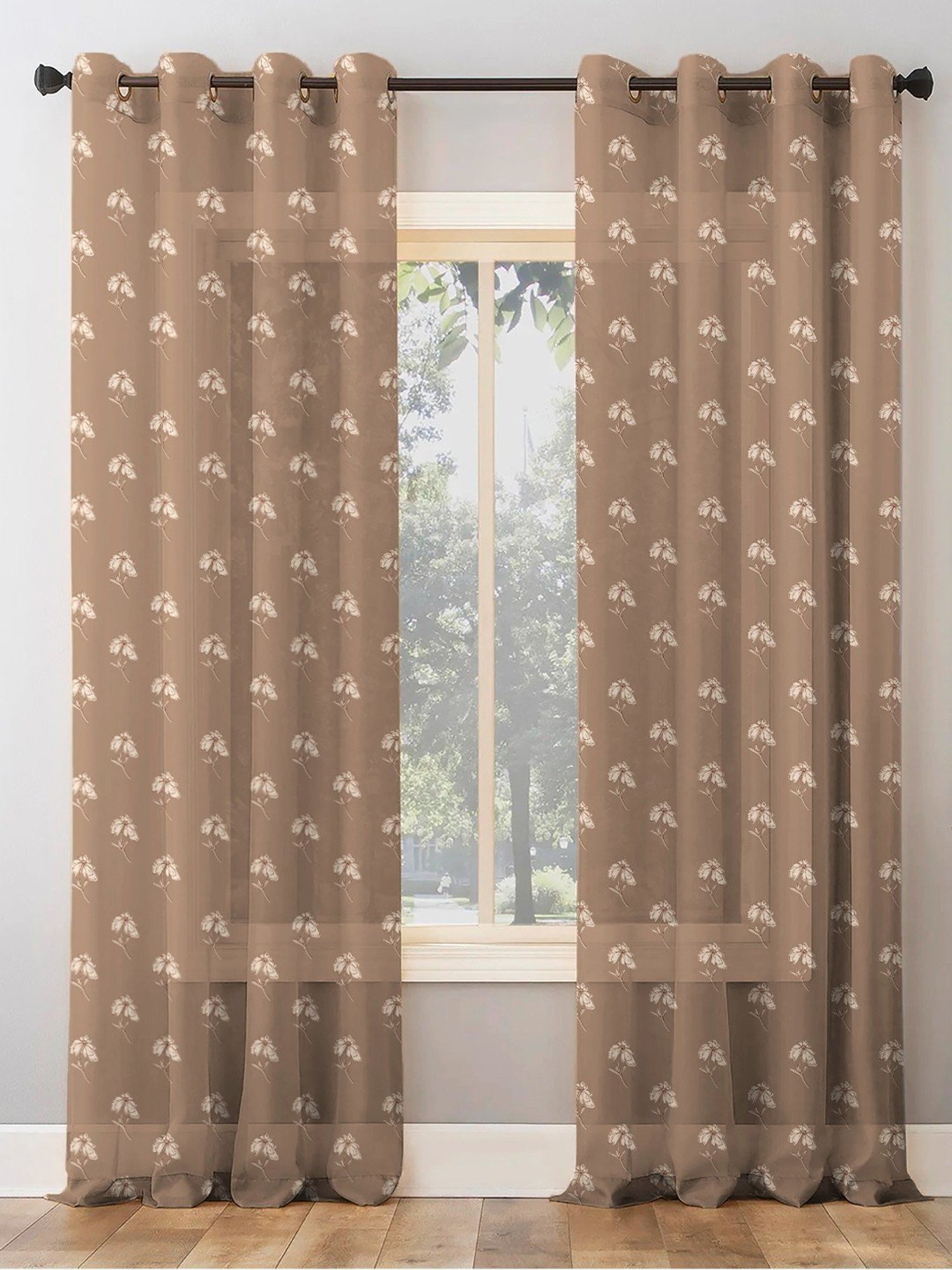 SPACES DRAPE STORY Boho Floral Brown Polyester 9 ft Sheer Long Door Curtains - Set of 2